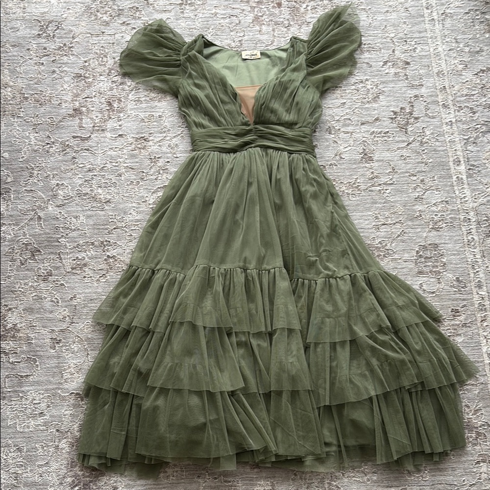 Lace & Beads Green Ruffled Tiered Midi Dress